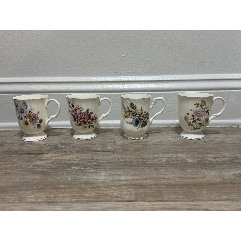 Vintage Set Of 4- Kings Court Coffee Cup Flower Mugs- India Fine Bone China